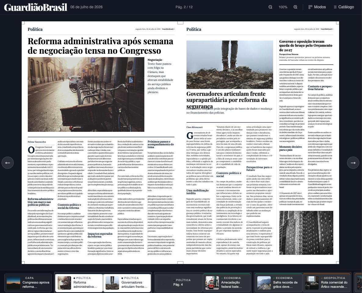 Modo Impresso — página dupla diagramada do GuardiãoBrasil no desktop