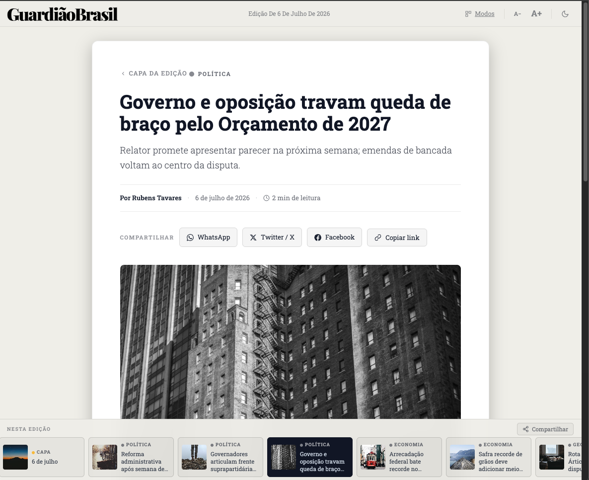 Modo Digital — matéria otimizada para tela, com controles de fonte e tema