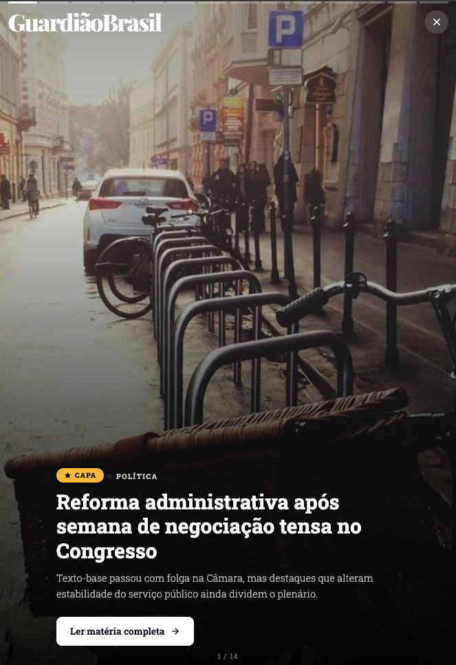 Modo Stories — capa da edição em card vertical no celular