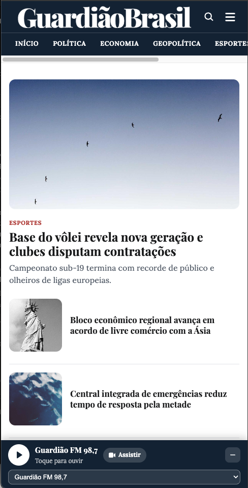 Player da Guardião FM 98,7 fixo no rodapé do site, com a navegação por trás