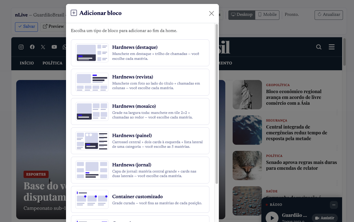 Construtor de home por blocos — escolha de bloco Hardnews sobre o preview do site