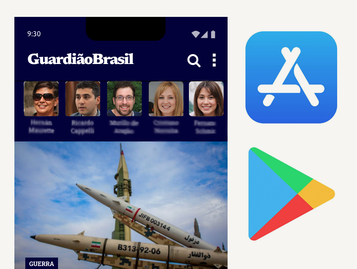 Home do app do veículo com colunistas e matéria em destaque, ao lado dos selos da App Store e do Google Play